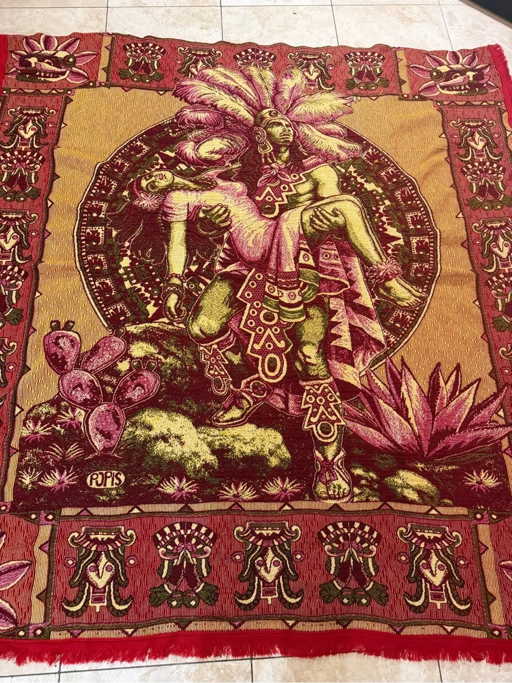 Woven Weave Atzec Mayan POPIS Warrior Princess Thick Blanket Red Yellow 83x79”